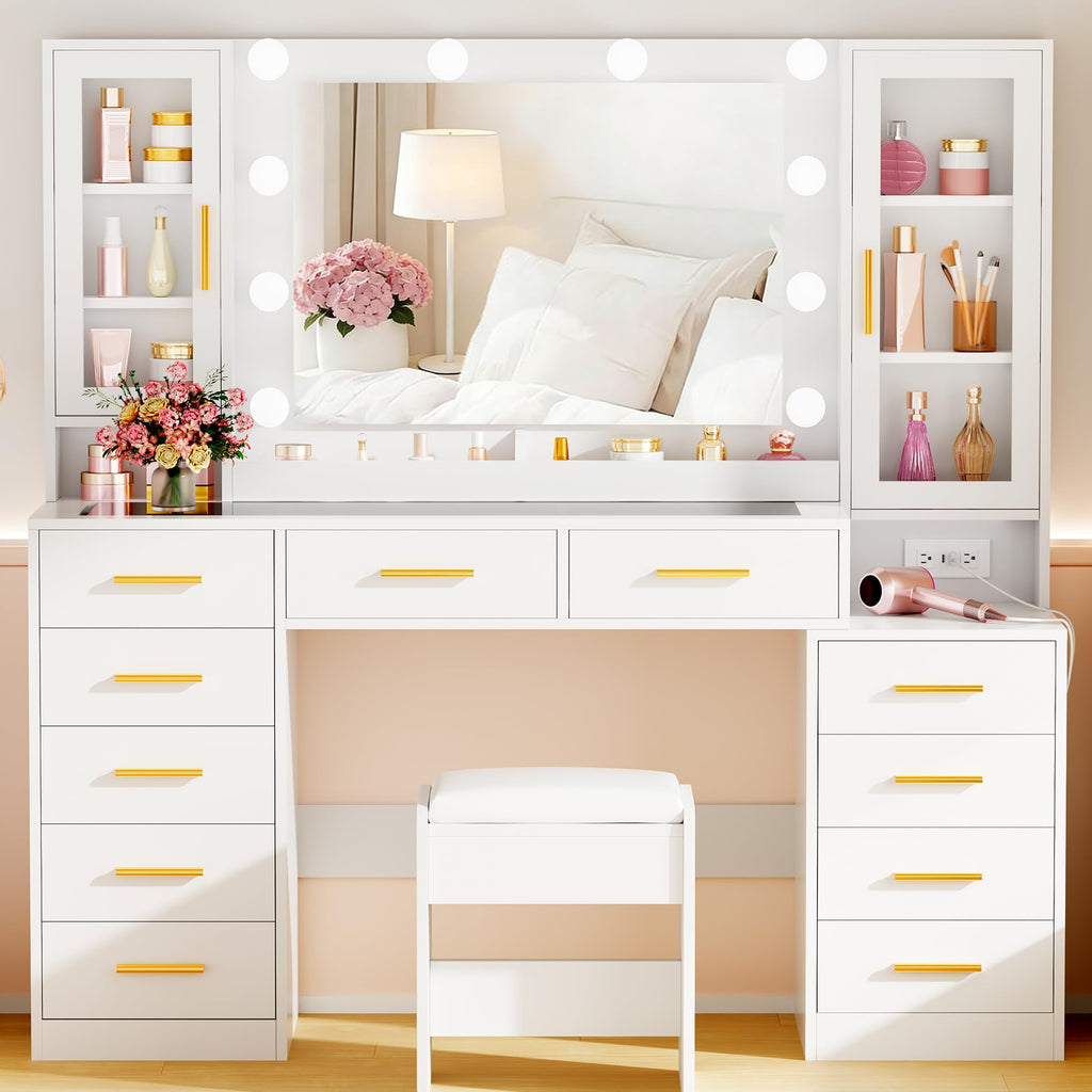 White Glass Top Vanity Desk with Mirror and Lights H6005
