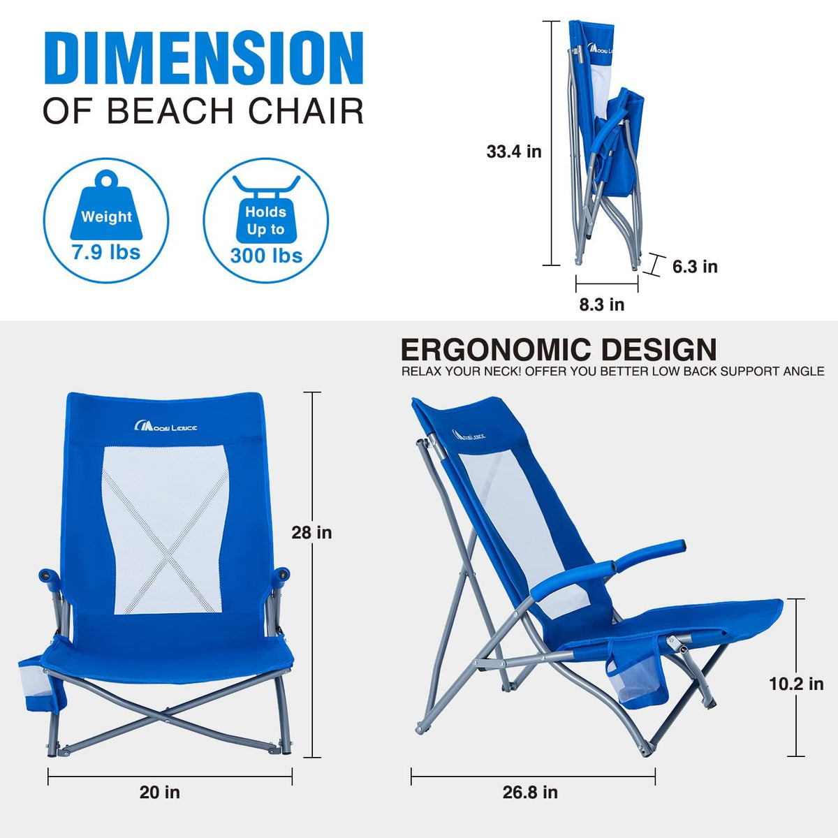 2 Pack Low Beach Lounge Chair with Cup Holder & Carry Bag Y560023