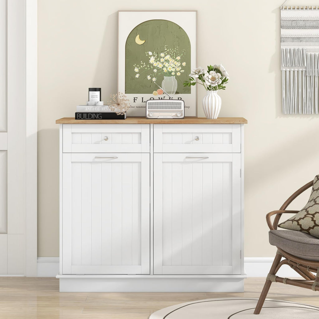 White Wooden Tilt Out Trash Bin Cabinet with Drawers G355