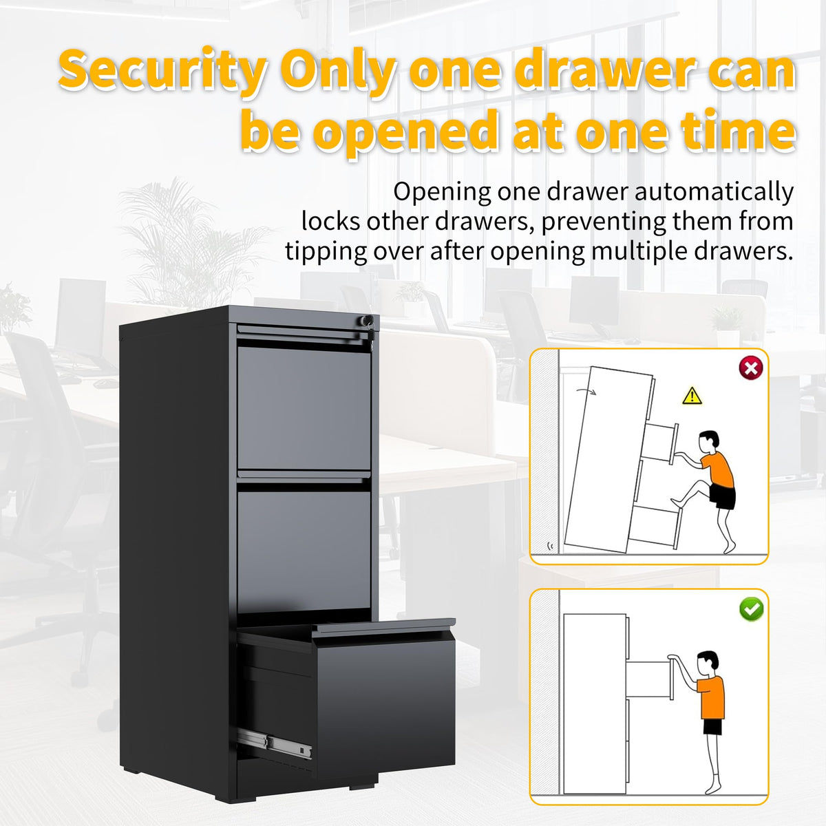 3 Drawer Black Metal File Cabinet with Lock B8594