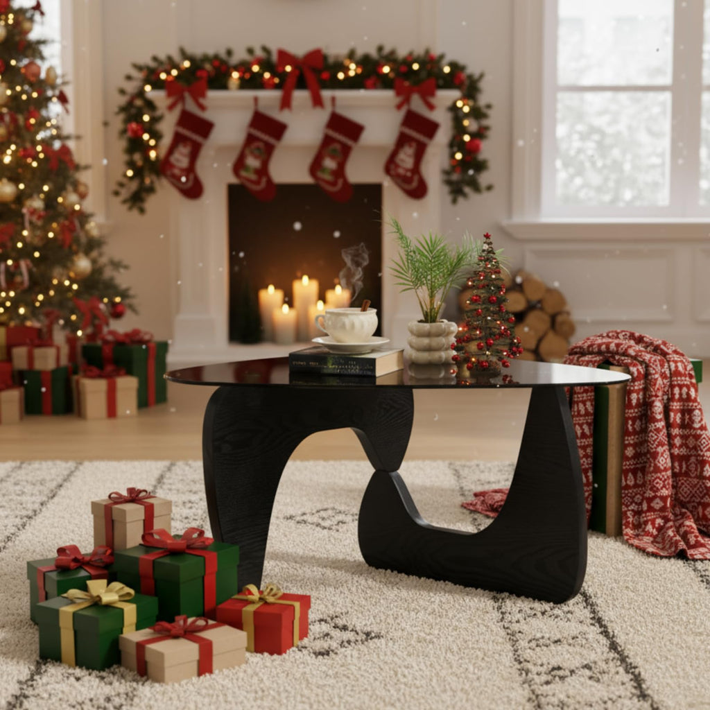 Modern Triangle Glass Coffee Table with Wood Base U649