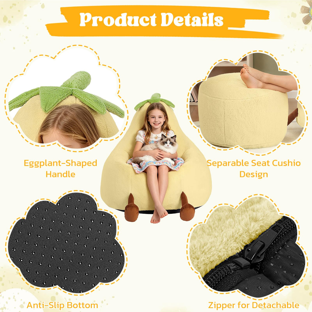Yellow Faux Rabbit Fur Memory Foam Bean Bag Chair G373733