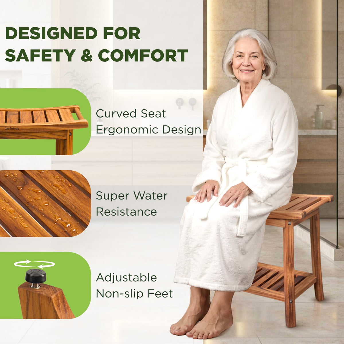 22" Teak Wood Shower Bench with Shelf & Handles X7073