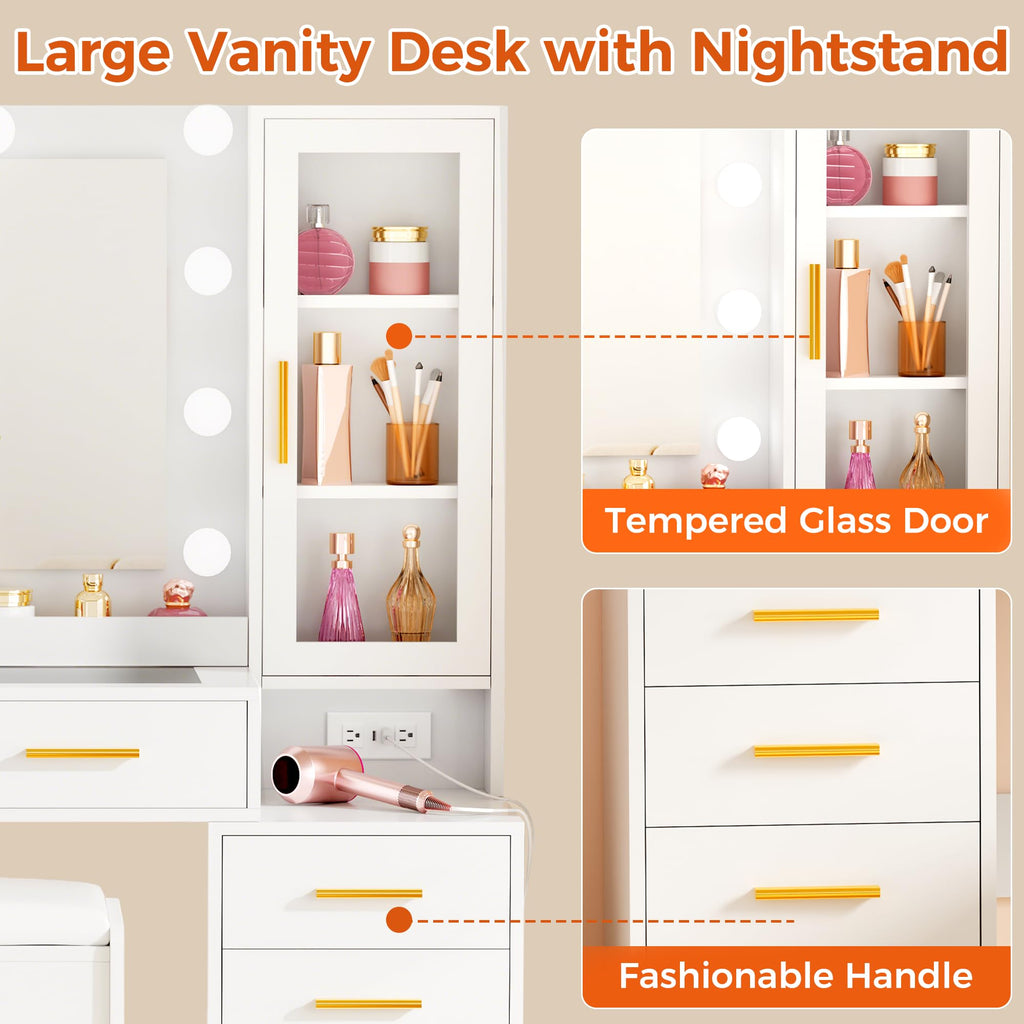 White Glass Top Vanity Desk with Mirror and Lights H6005