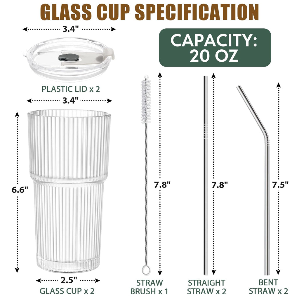 20 OZ Clear Ribbed Glass Cups with Lids and Straws 2 Pcs M3739