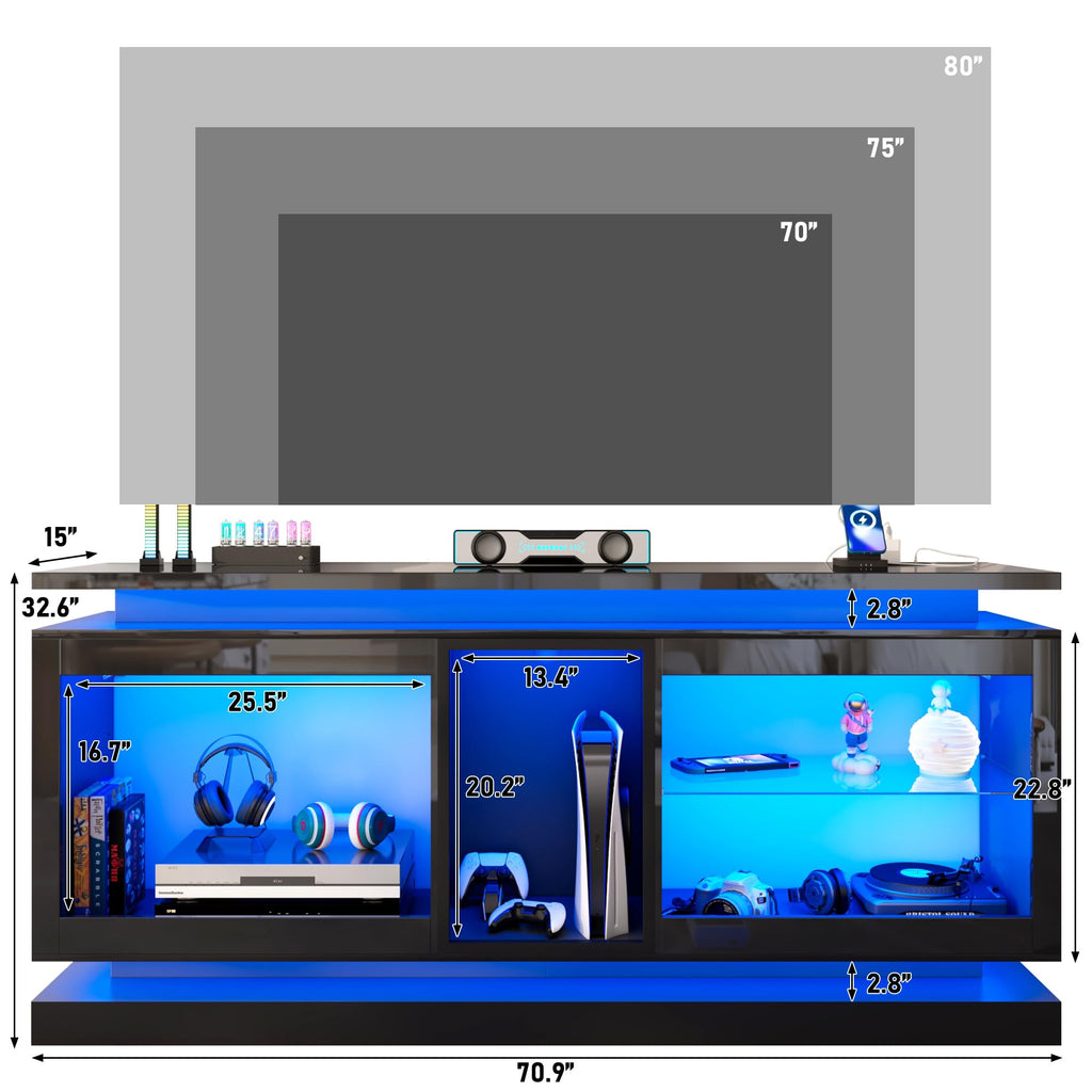 70" TV Stand with LED Lights and Power Outlets, Black T35574