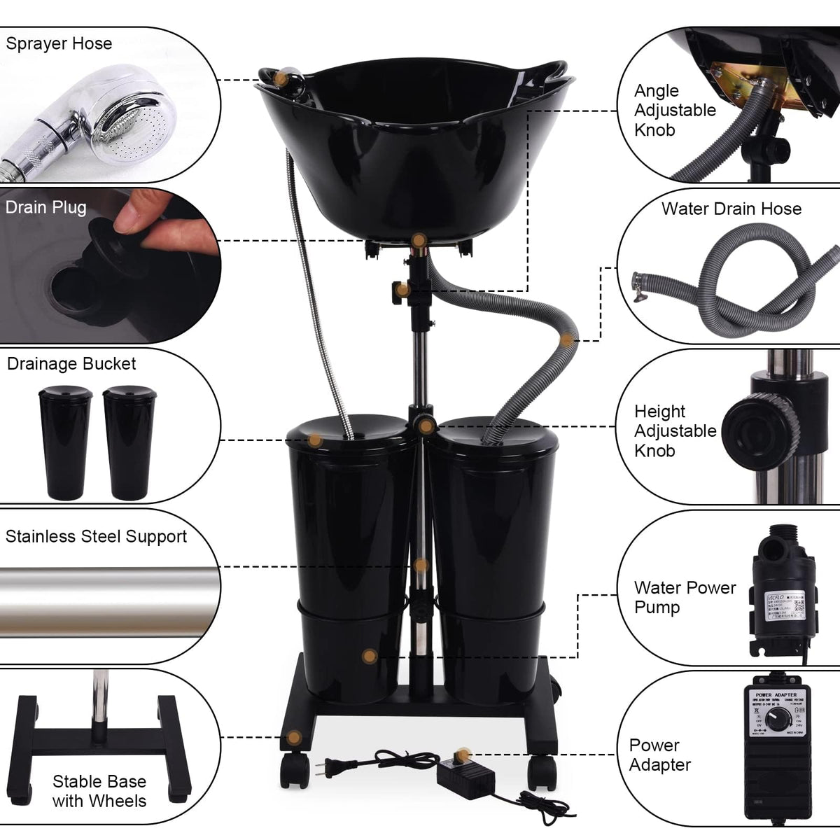Portable Shampoo Bowl with Electric Pump and 2 Water Tanks, Height and Angle Adjustable Black L870011