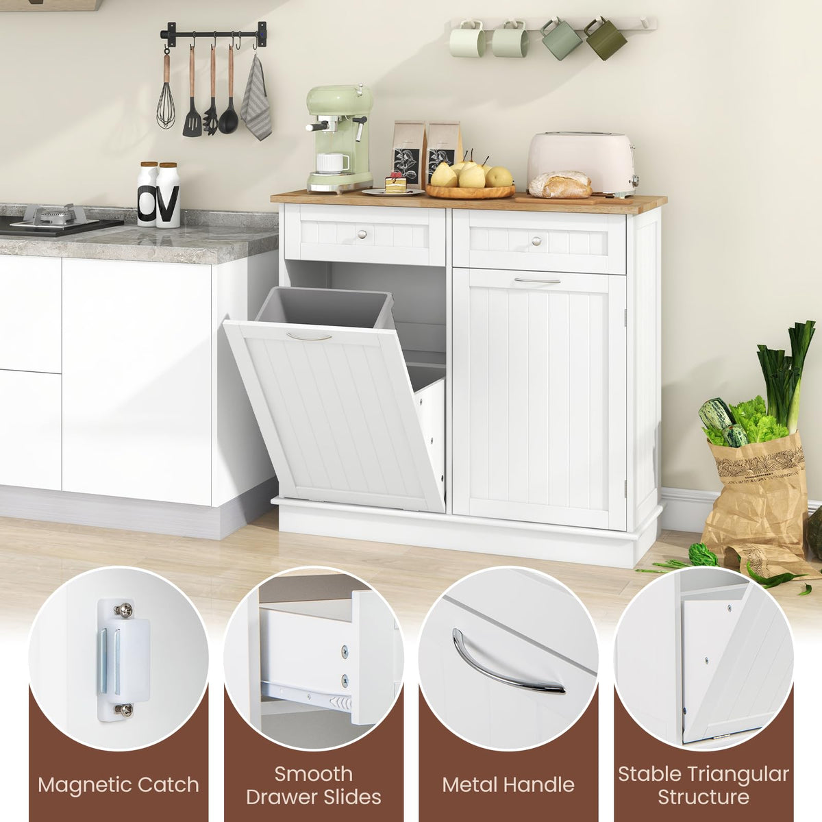White Wooden Tilt Out Trash Bin Cabinet with Drawers G355