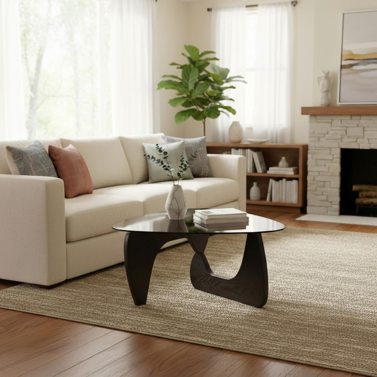 Modern Triangle Glass Coffee Table with Wood Base U649
