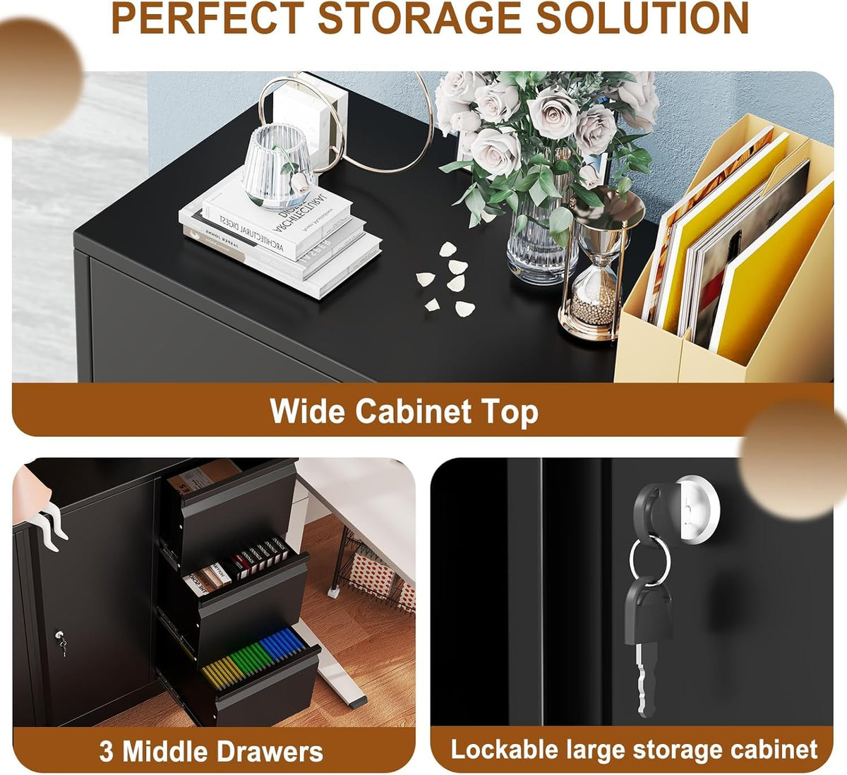 47" H 3 Drawer Black Rolling Metal File Cabinet with Adjustable Shelf & Wheels W2523