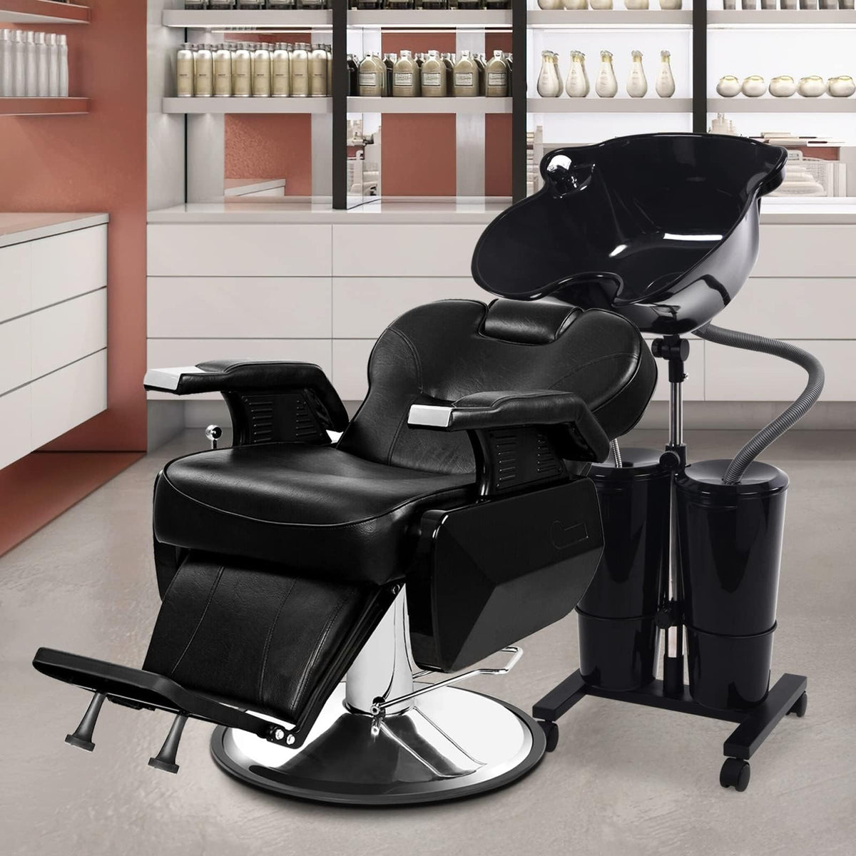 Portable Shampoo Bowl with Electric Pump and 2 Water Tanks, Height and Angle Adjustable Black L870011