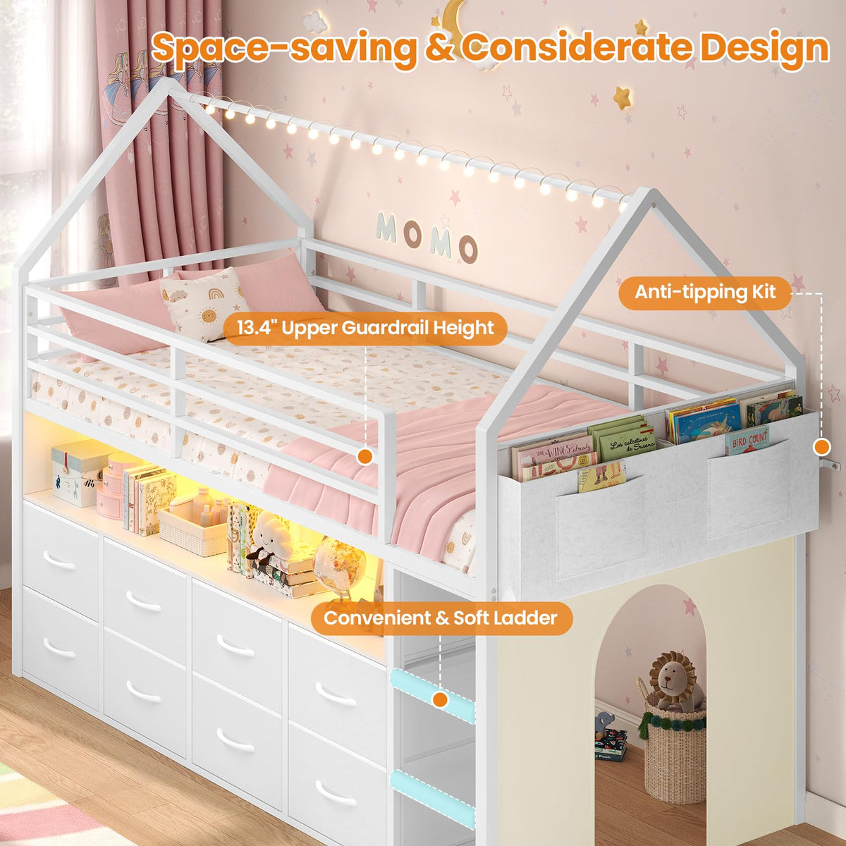 Twin Size Low Loft Bed with 8 Storage Drawers B616827