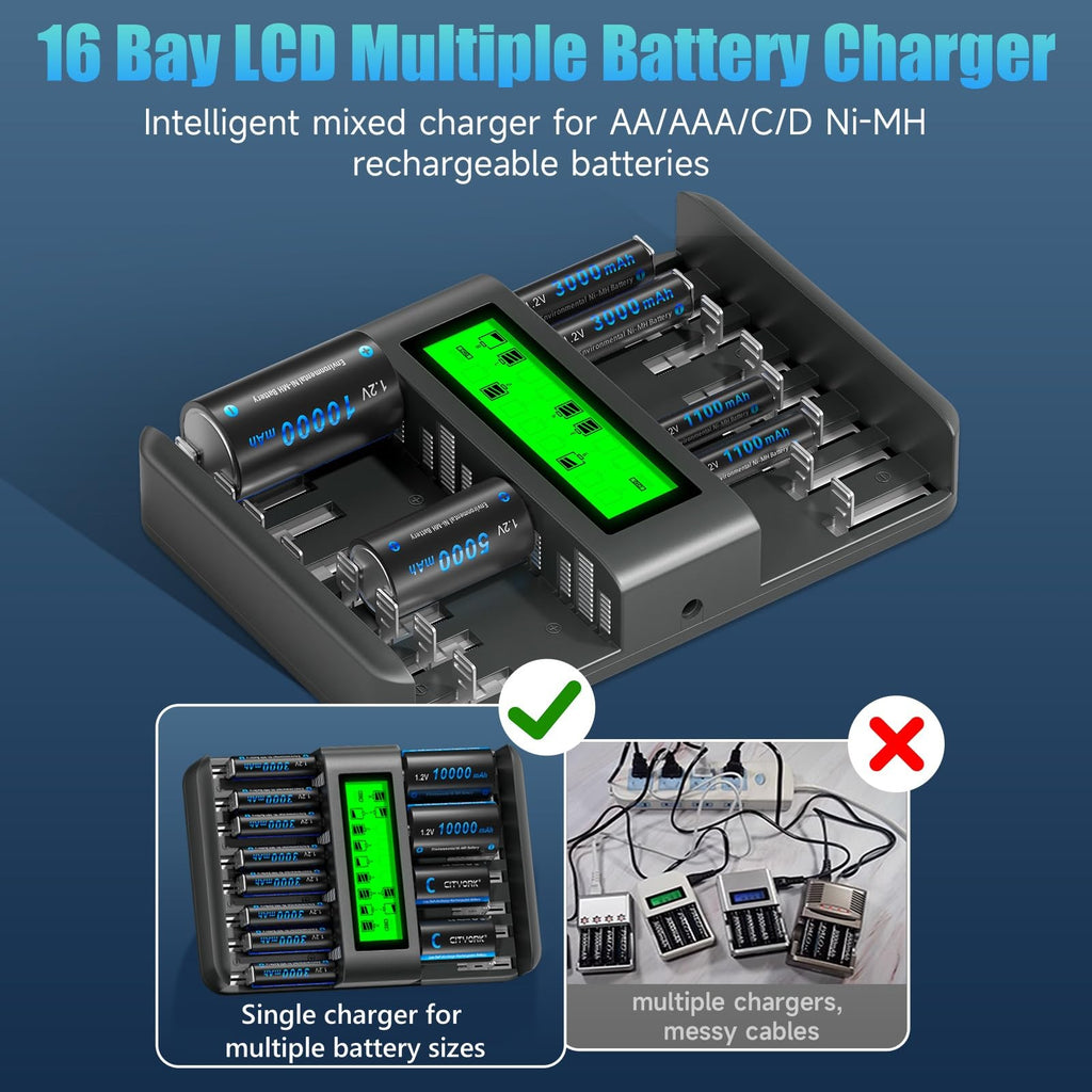 16 Bay AA AAA C D NiMH Battery Charger with LCD Display L805