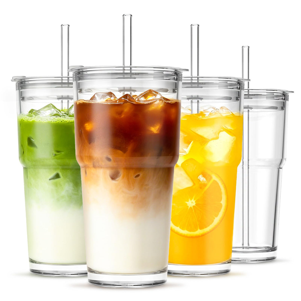 20 oz Iced Coffee Cups with Lids and Straw, Set of 4 Glass Tumbler E522