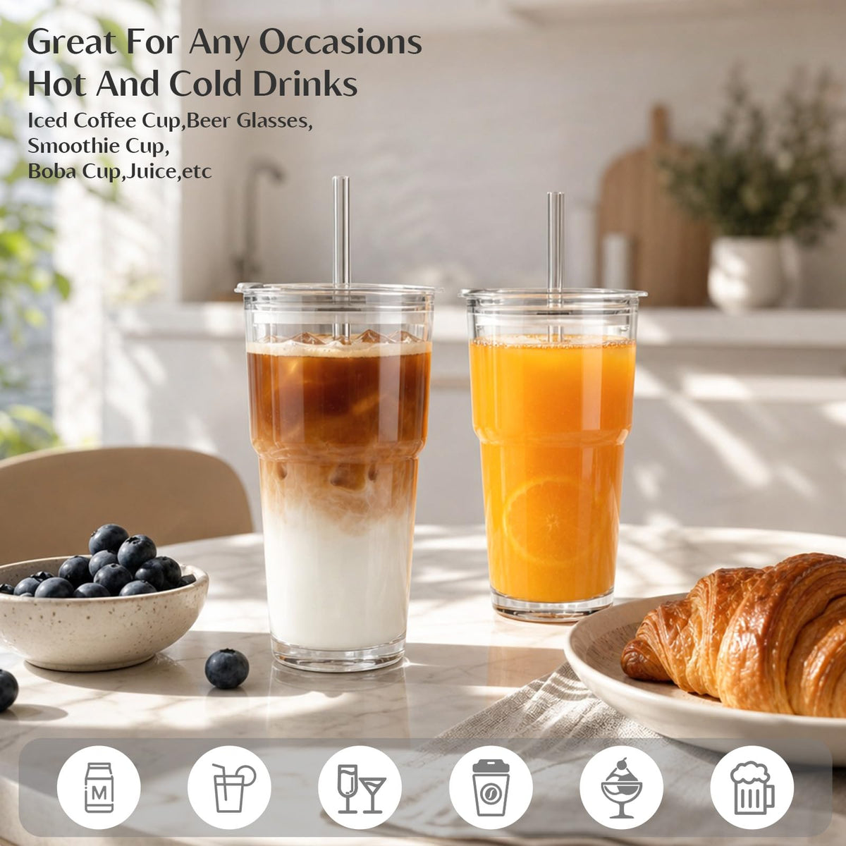 20 oz Iced Coffee Cups with Lids and Straw, Set of 4 Glass Tumbler E522
