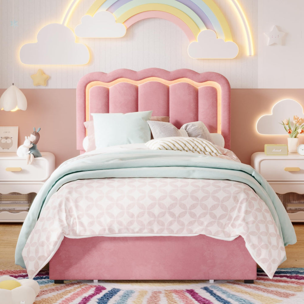 Twin Size Bed Frame with LED Lights and Storage Drawer T787