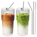 20 OZ Clear Ribbed Glass Cups with Lids and Straws 2 Pcs M3739