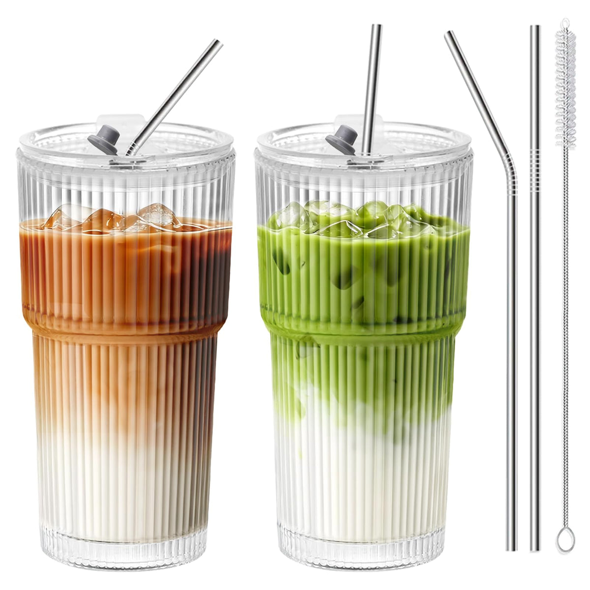 20 OZ Clear Ribbed Glass Cups with Lids and Straws 2 Pcs M3739