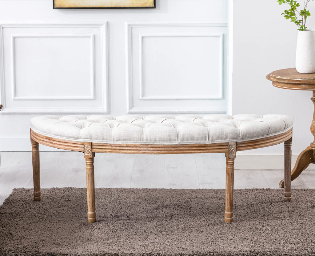55" Upholstered Tufted Fabric Bench with Rubber Wood Legs, Beige P56621