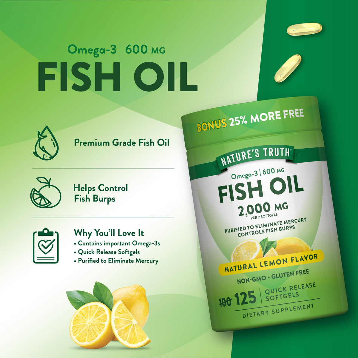 Omega 3 Fish Oil 2000 mg 125 Softgels N7933
