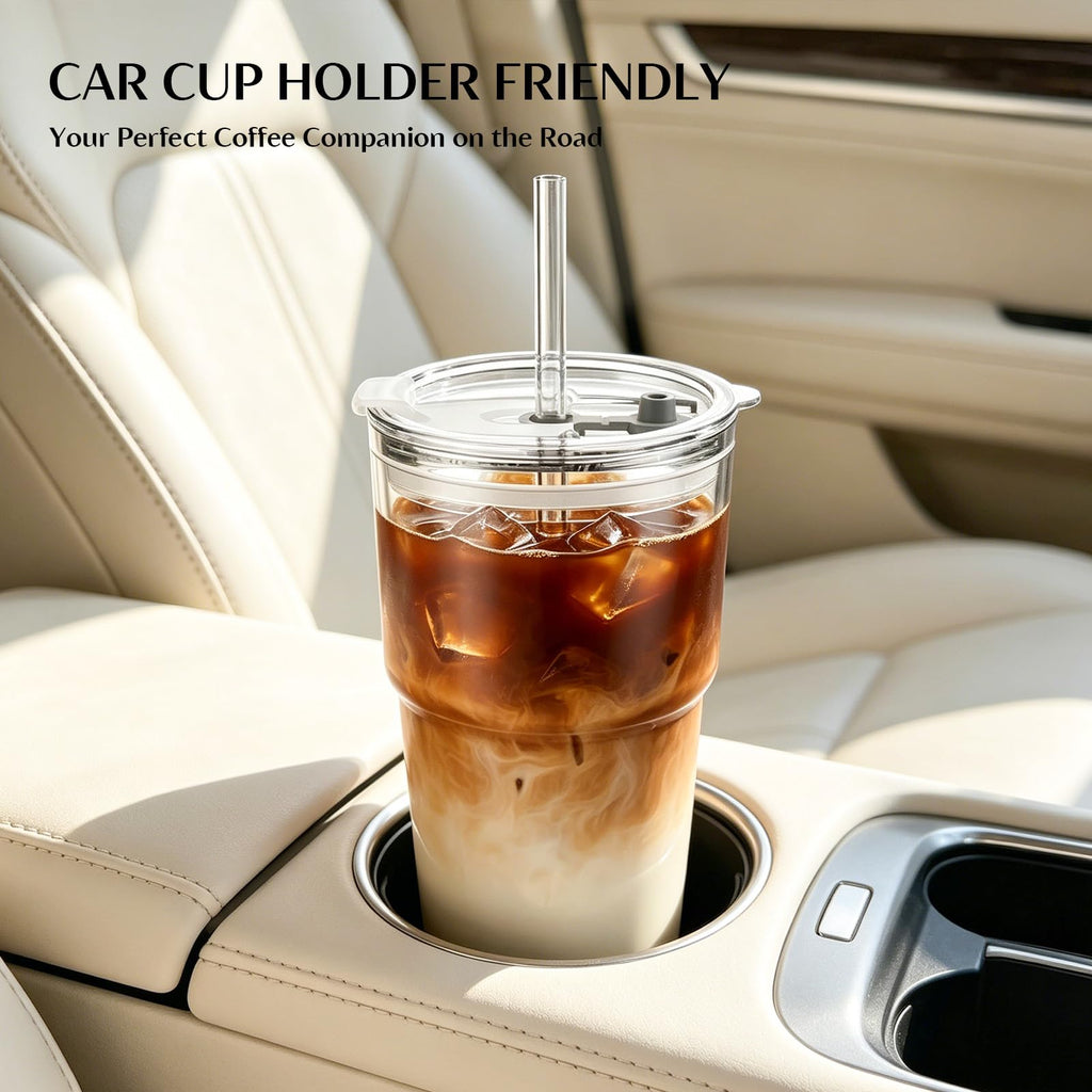 20 oz Iced Coffee Cups with Lids and Straw, Set of 4 Glass Tumbler E522