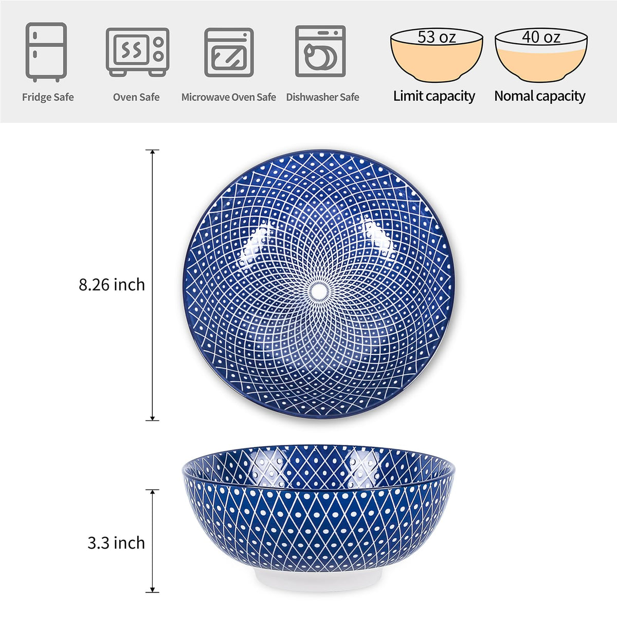 Ceramic 53 OZ Salad Bowls Set, Set of 3, Vintage Blue N728690