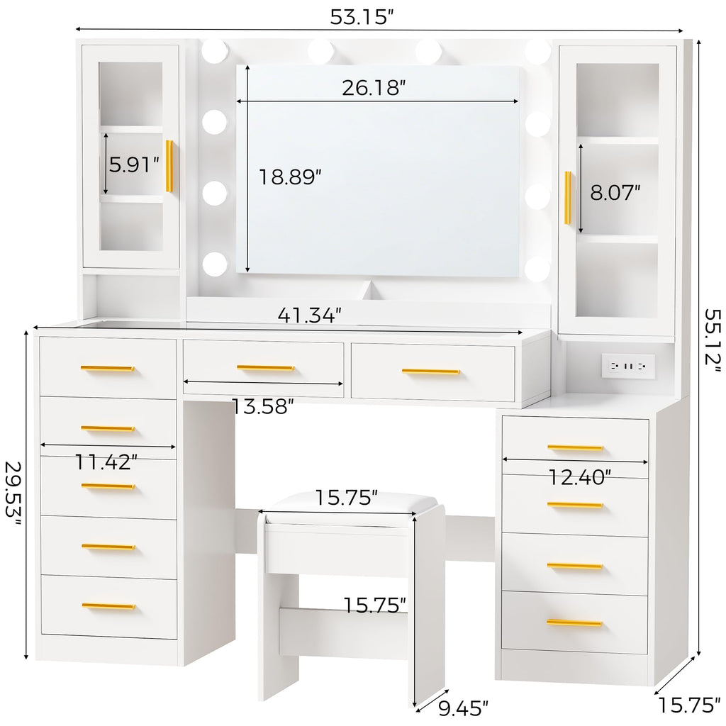White Glass Top Vanity Desk with Mirror and Lights H6005