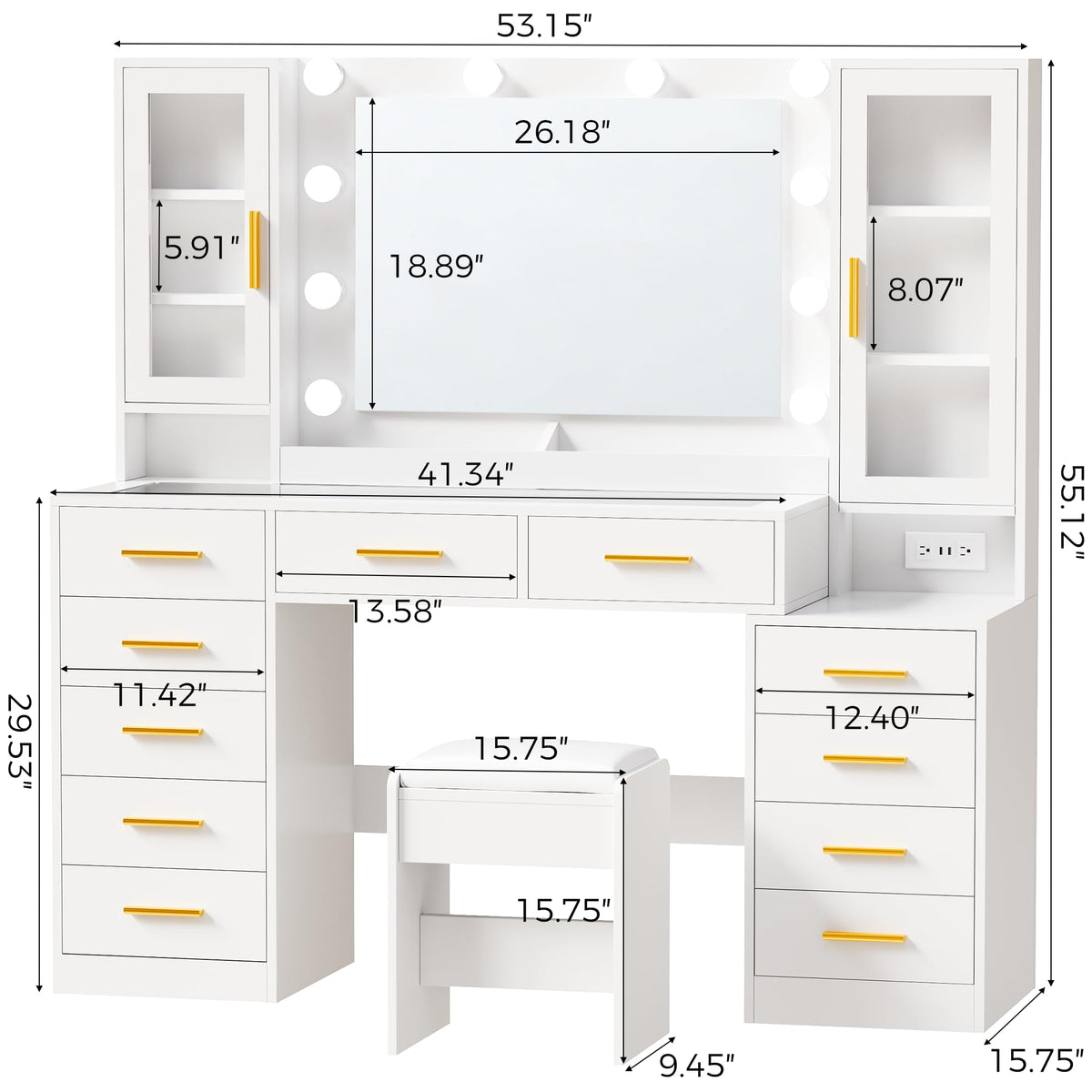 White Glass Top Vanity Desk with Mirror and Lights H6005