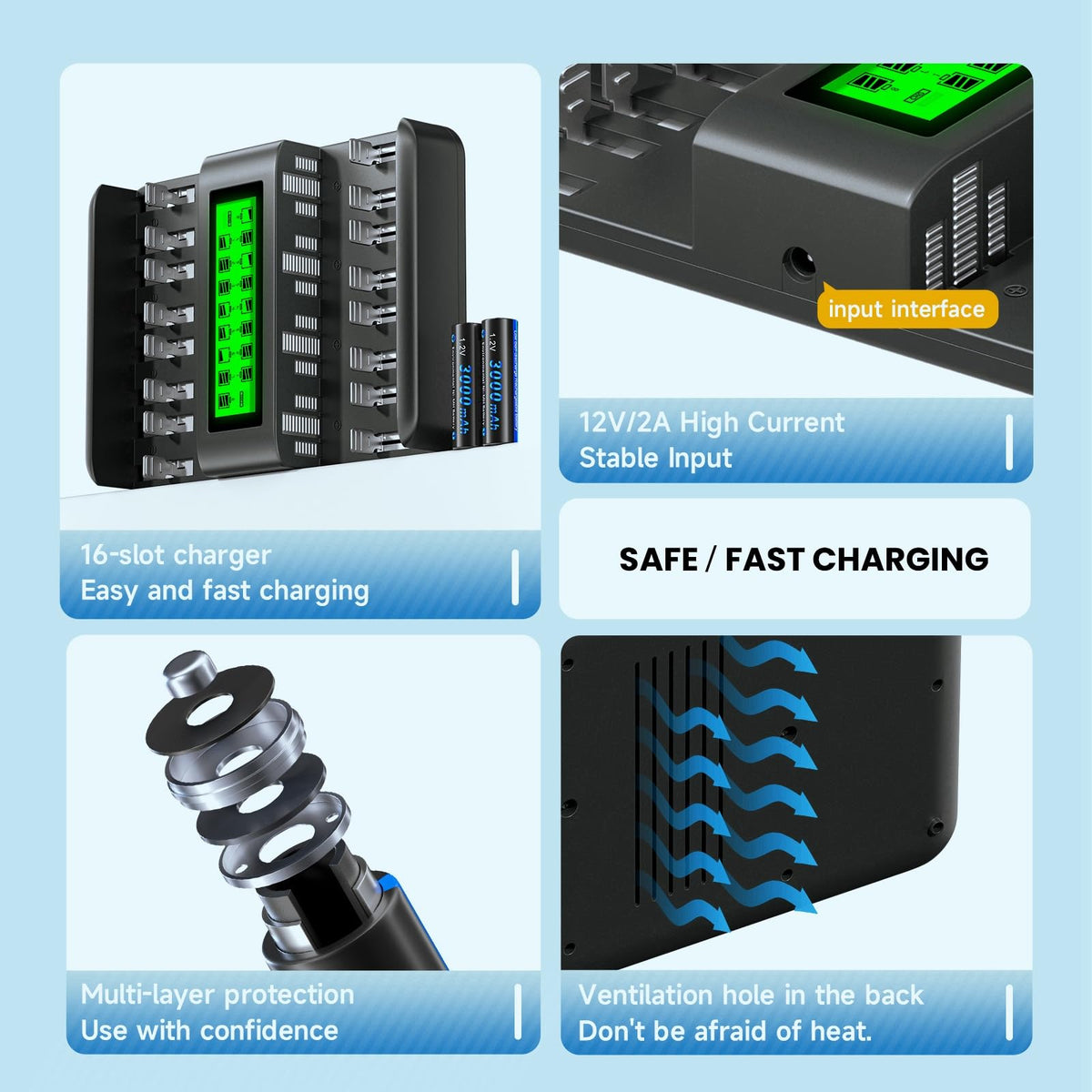16 Bay AA AAA C D NiMH Battery Charger with LCD Display L805