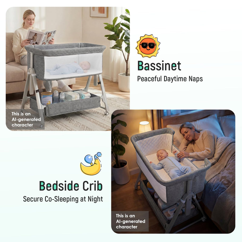 Baby Bassinet Bedside Crib with Mattress Wheel Storage Travel Bag Light Grey B87933
