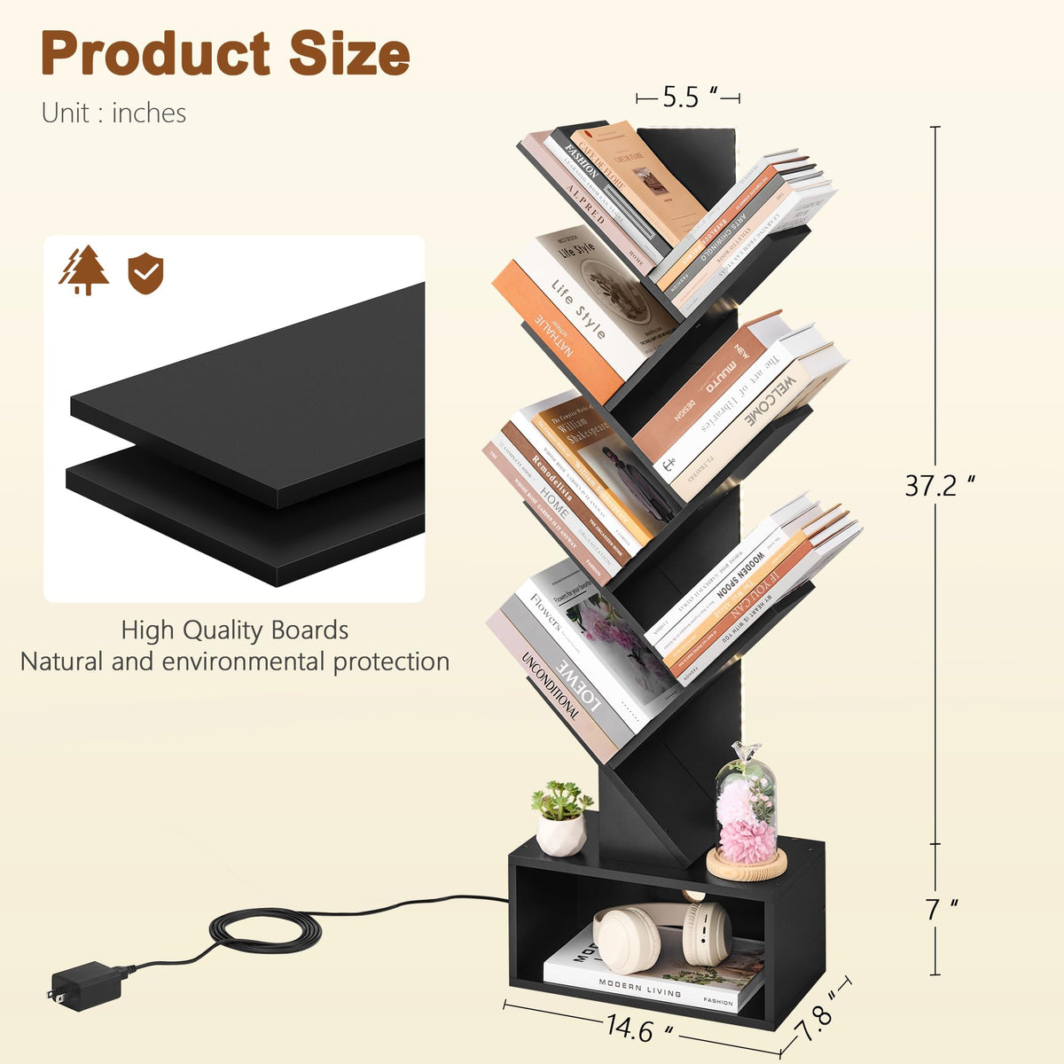 6 Tier Tree Bookshelf with Drawer and LED Lights I408