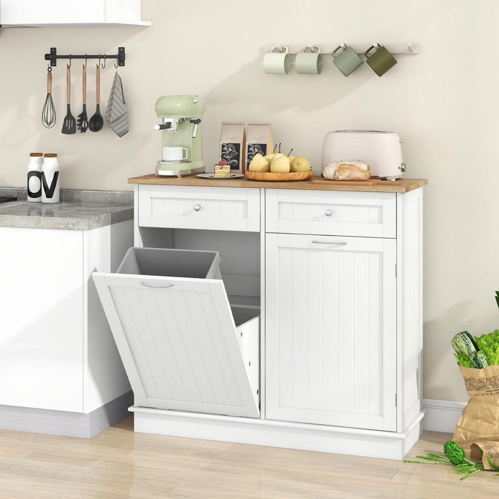 White Wooden Tilt Out Trash Bin Cabinet with Drawers G355