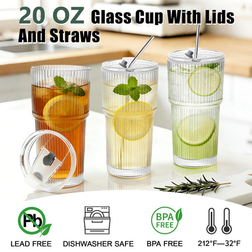 20 OZ Clear Ribbed Glass Cups with Lids and Straws 2 Pcs M3739
