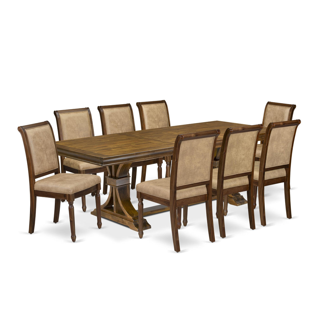 9 Piece Dining Table and 8 Beige Polyester Fabric Chairs Y459987