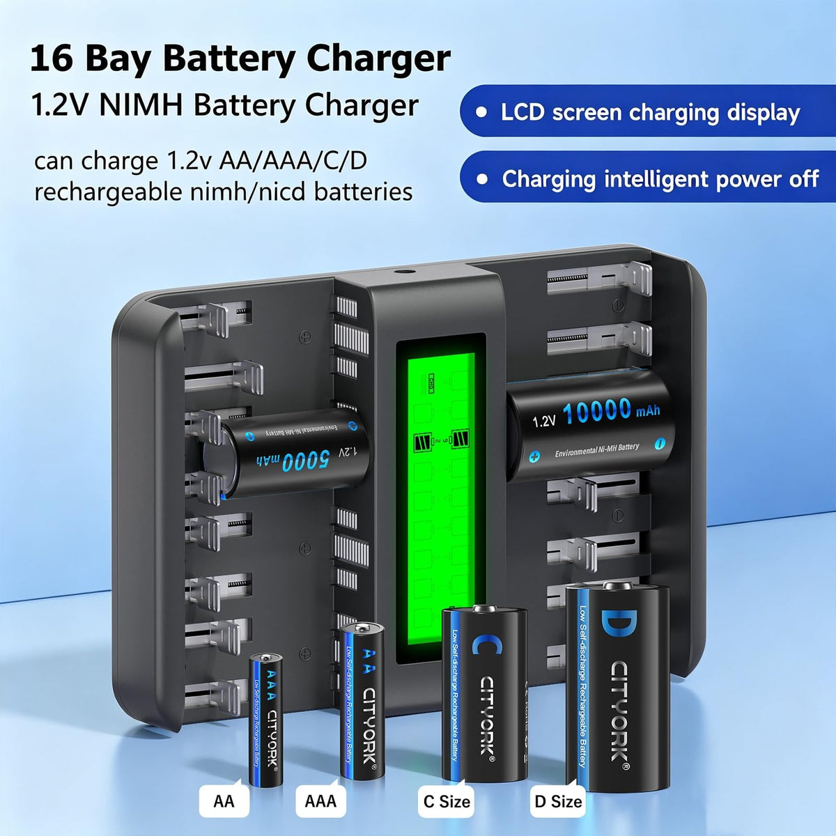 16 Bay AA AAA C D NiMH Battery Charger with LCD Display L805