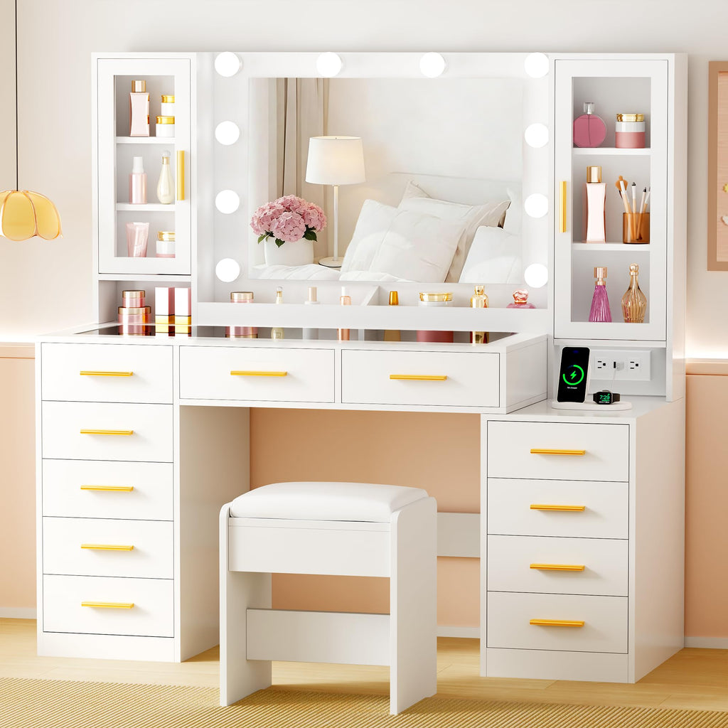 White Glass Top Vanity Desk with Mirror and Lights H6005