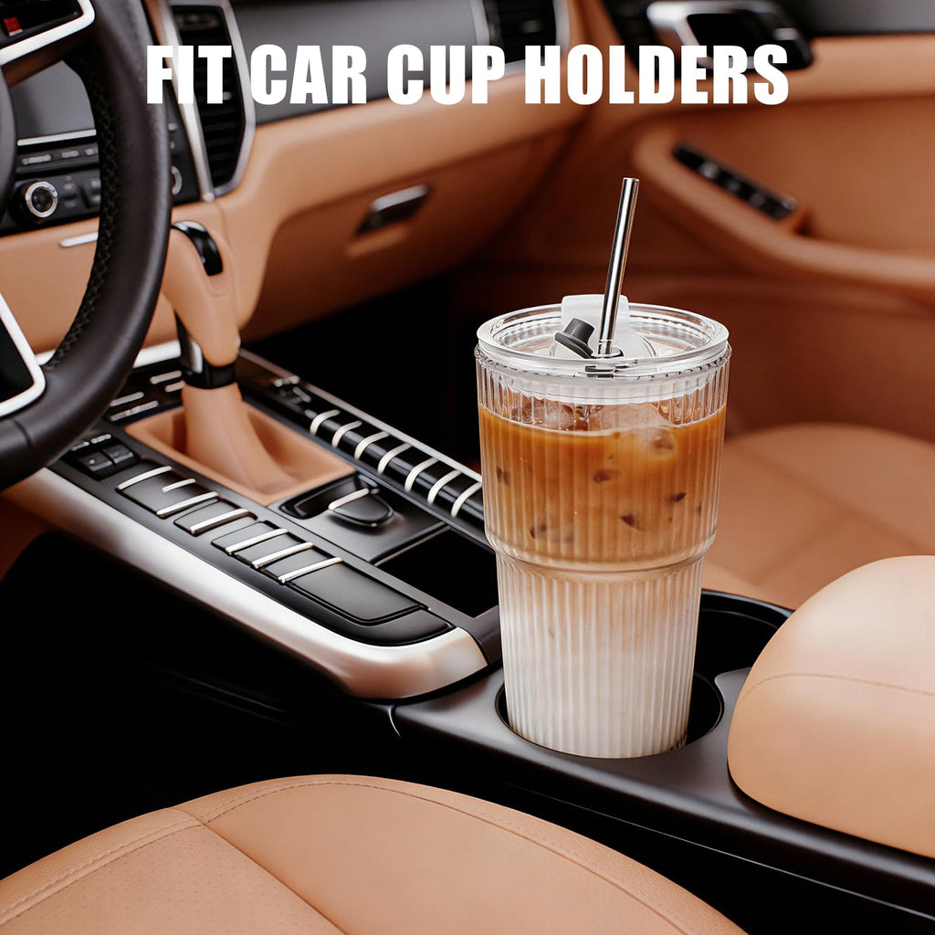 20 OZ Clear Ribbed Glass Cups with Lids and Straws 2 Pcs M3739
