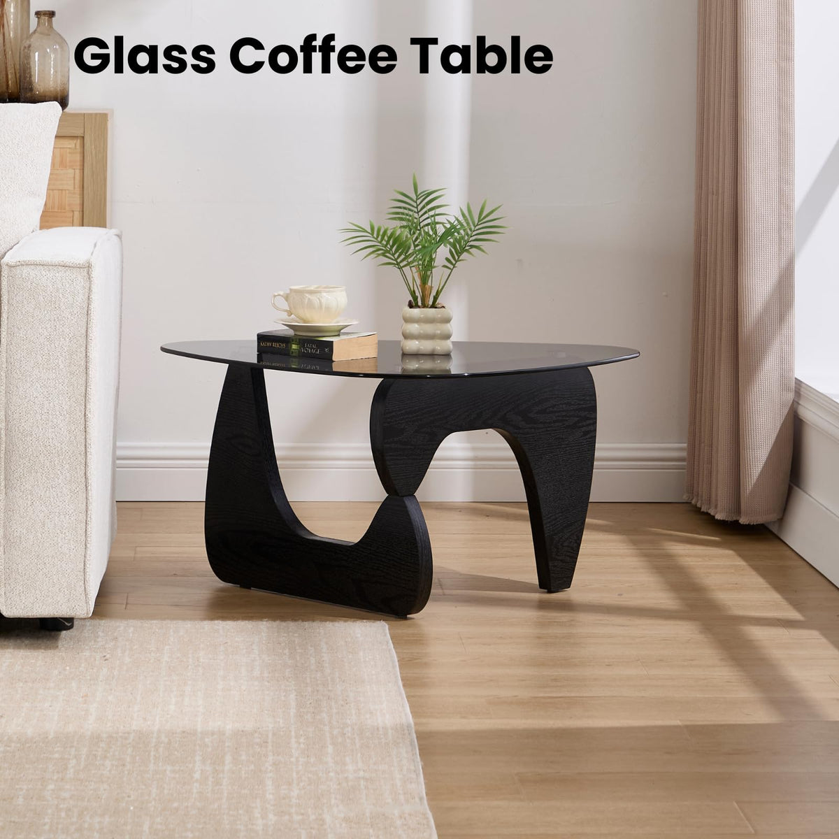 Modern Triangle Glass Coffee Table with Wood Base U649