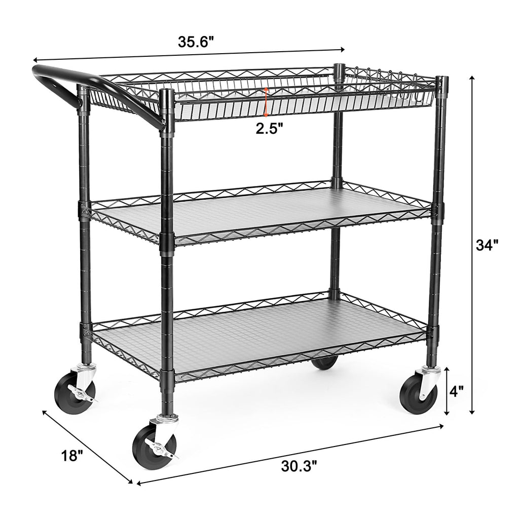 Heavy Duty 3 Tier Rolling Utility Cart with Wheels, Black Y486902