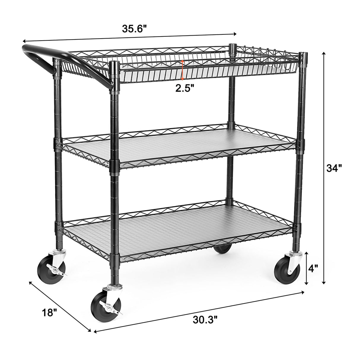 Heavy Duty 3 Tier Rolling Utility Cart with Wheels, Black Y486902