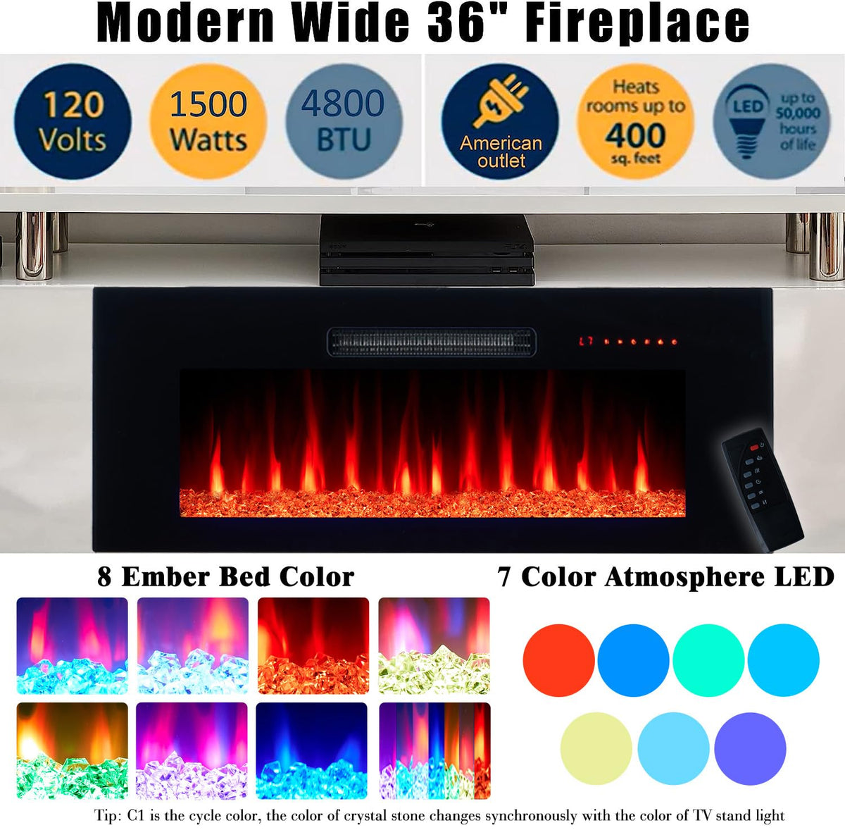 70" High-Gloss TV Stand with 36" Electric Fireplace O673850