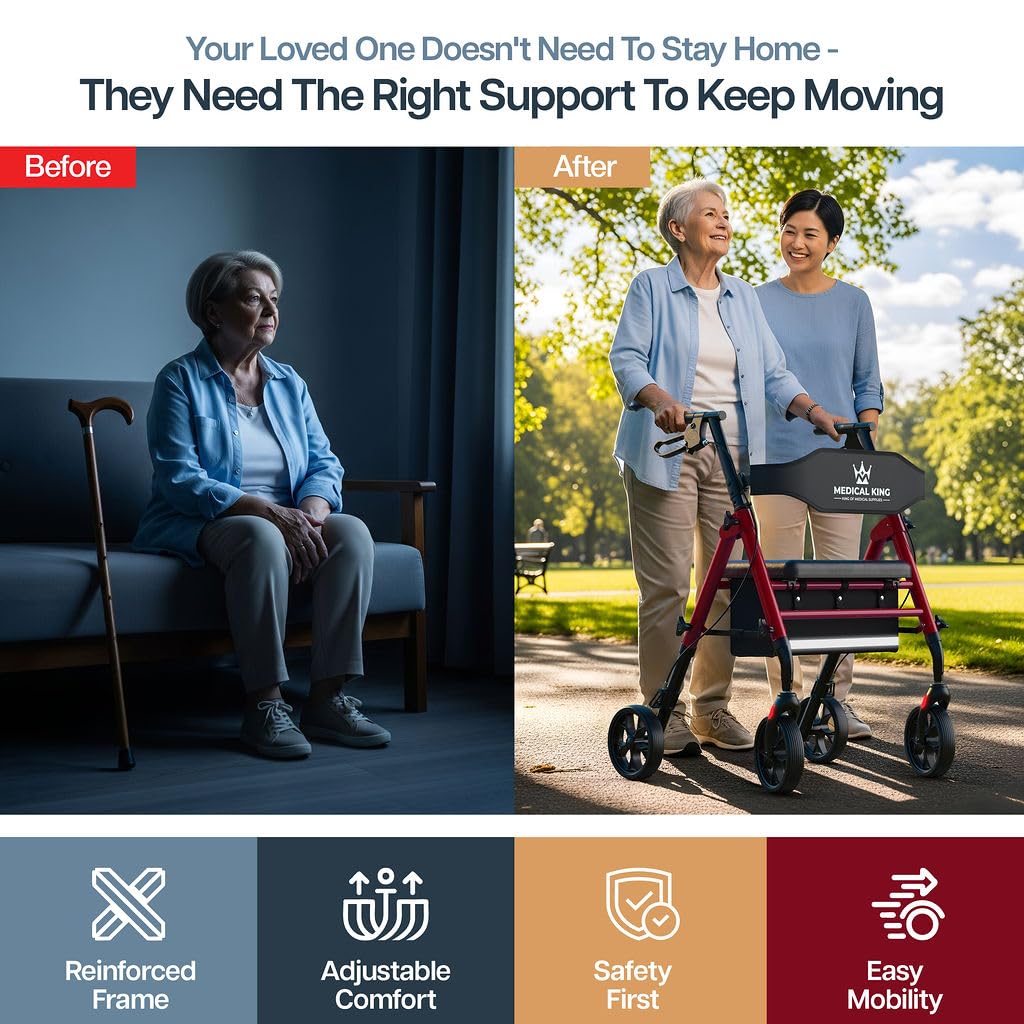 Foldable Rollator Walker with Seat, 8" Wheels, Red R60522