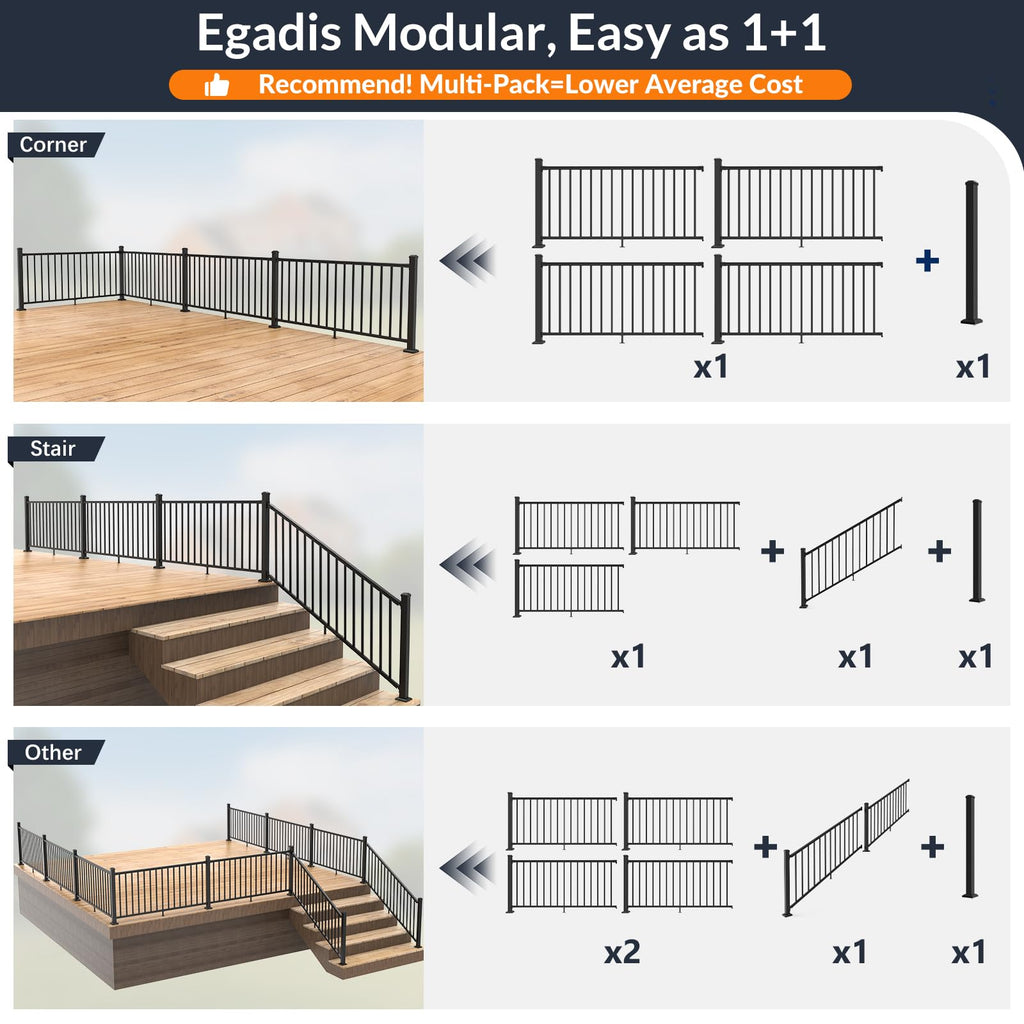 1 Pack 36 in x 6 ft Black Aluminum Stair Railing Kit J24663