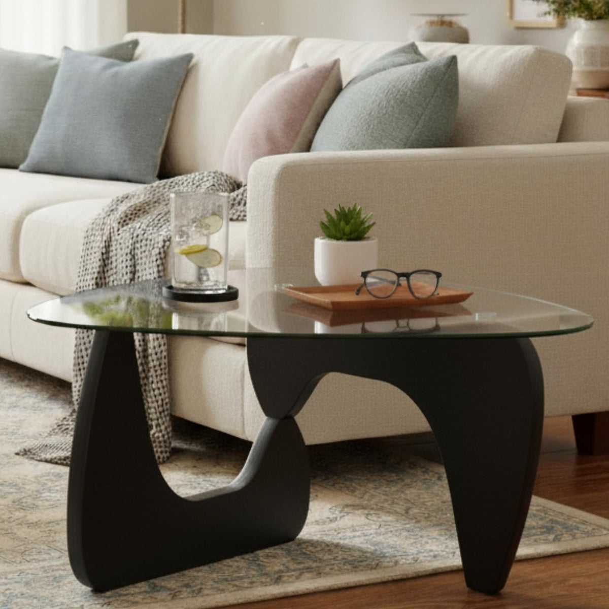 Modern Triangle Glass Coffee Table with Wood Base U649