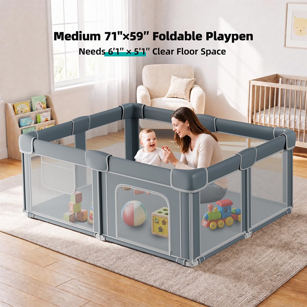 Foldable Baby Playpen with Mat, 71x59 Inches, Grey O26593