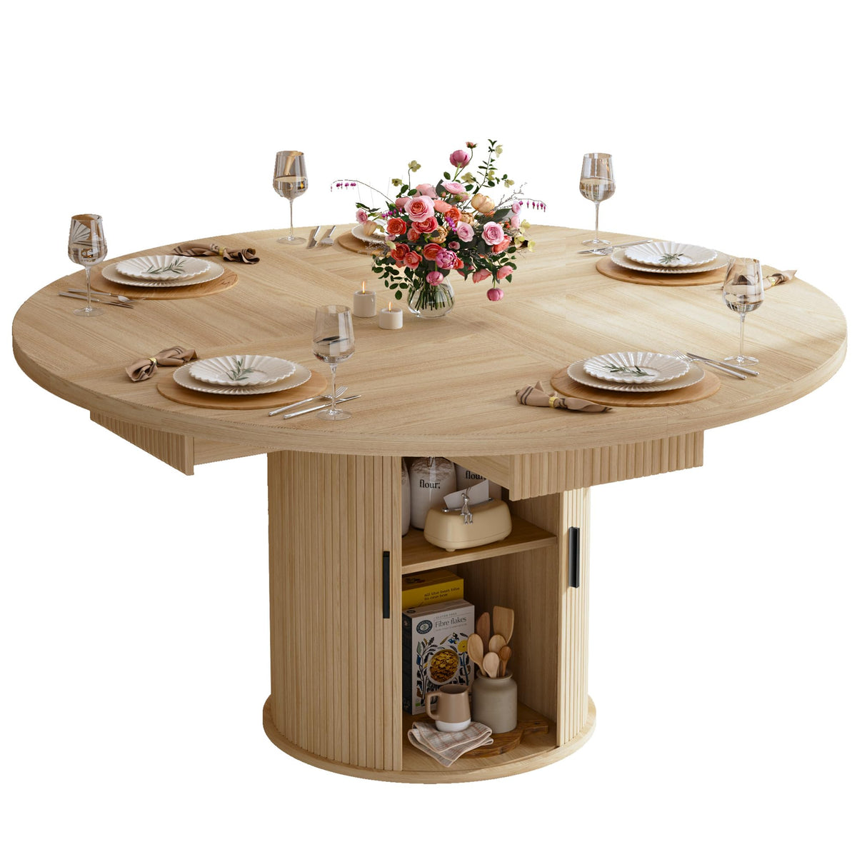 47.2" Round Wood Dining Table with 4 Drawers P29096