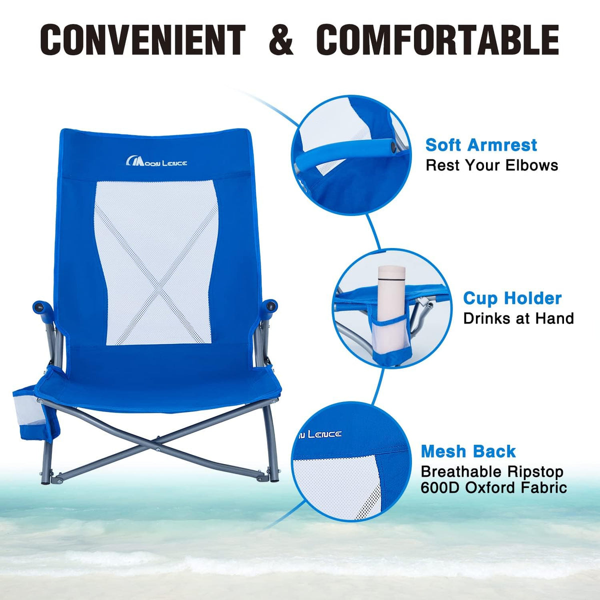 2 Pack Low Beach Lounge Chair with Cup Holder & Carry Bag Y560023