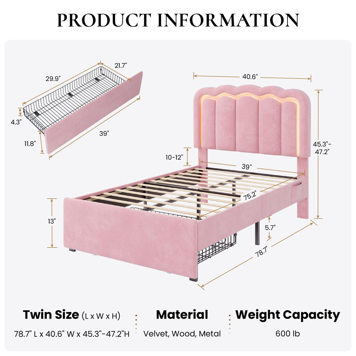 Twin Size Bed Frame with LED Lights and Storage Drawer T787