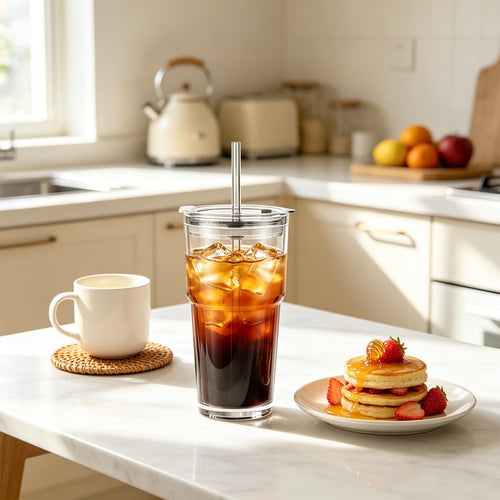 20 oz Iced Coffee Cups with Lids and Straw, Set of 4 Glass Tumbler E522