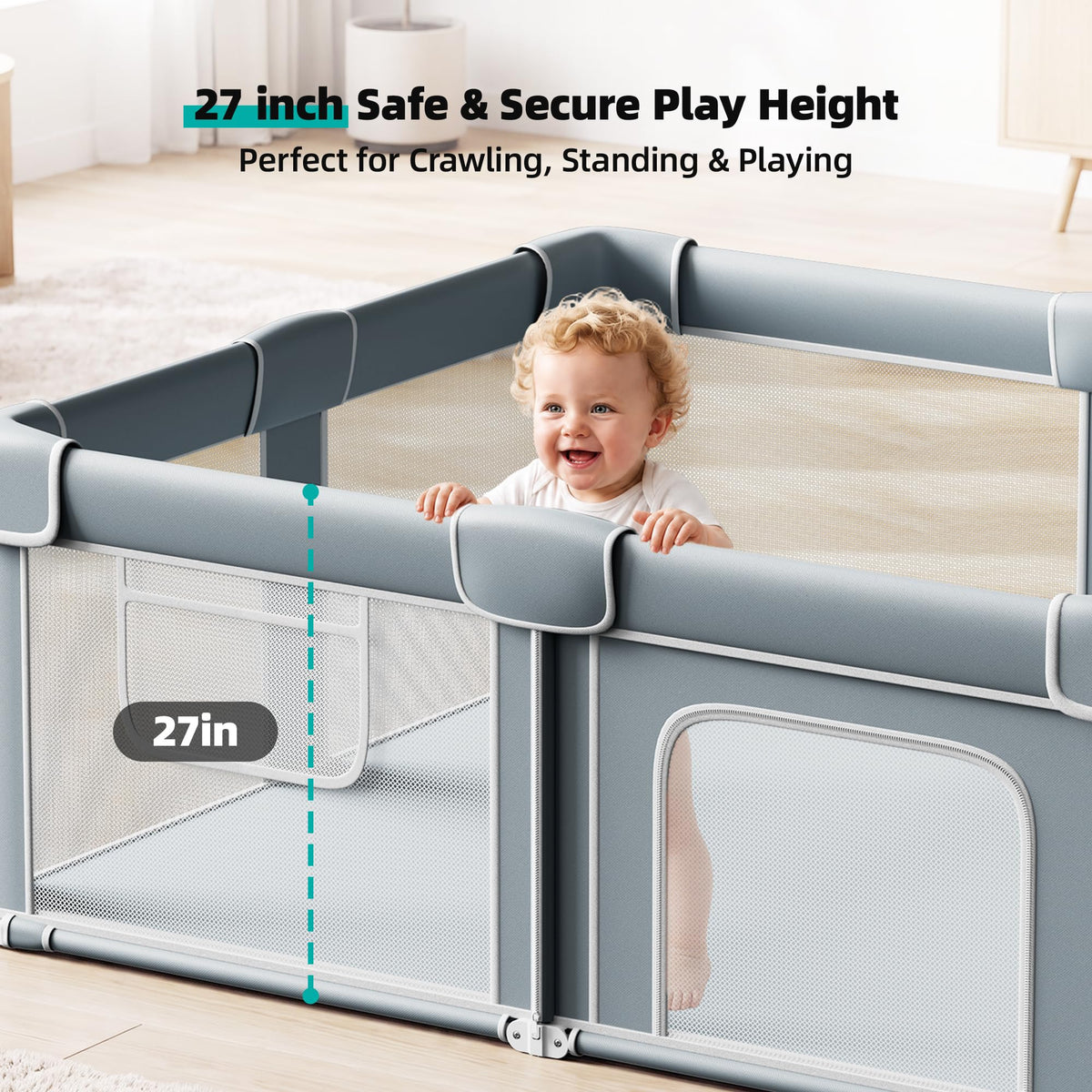 Foldable Baby Playpen with Mat, 71x59 Inches, Grey O26593